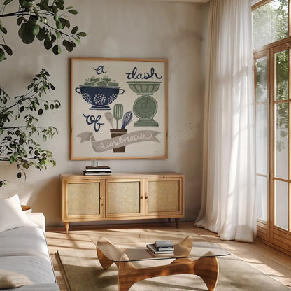 A Dash of Kindness Winter by Mary Urban. Shown in a natural wood frame in a cozy modern living room. Available as an archival giclee rolled canvas, fine art paper, or poster print. SKU 62317a.