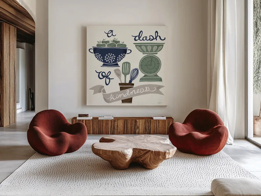 A Dash of Kindness Winter by Mary Urban. Shown as extra-large giant wall art in a modern living room. Available as an archival giclee rolled canvas, fine art paper, or poster print. SKU 62317a.