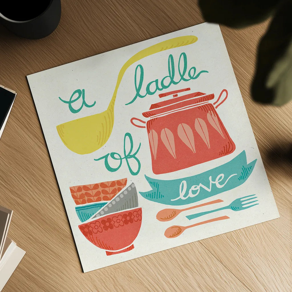 A Ladle of Love by Mary Urban. Shown as a detailed flat fine art print, highlighting archival giclee quality. Available as an archival giclee rolled canvas, fine art paper, or poster print. SKU 25576a.