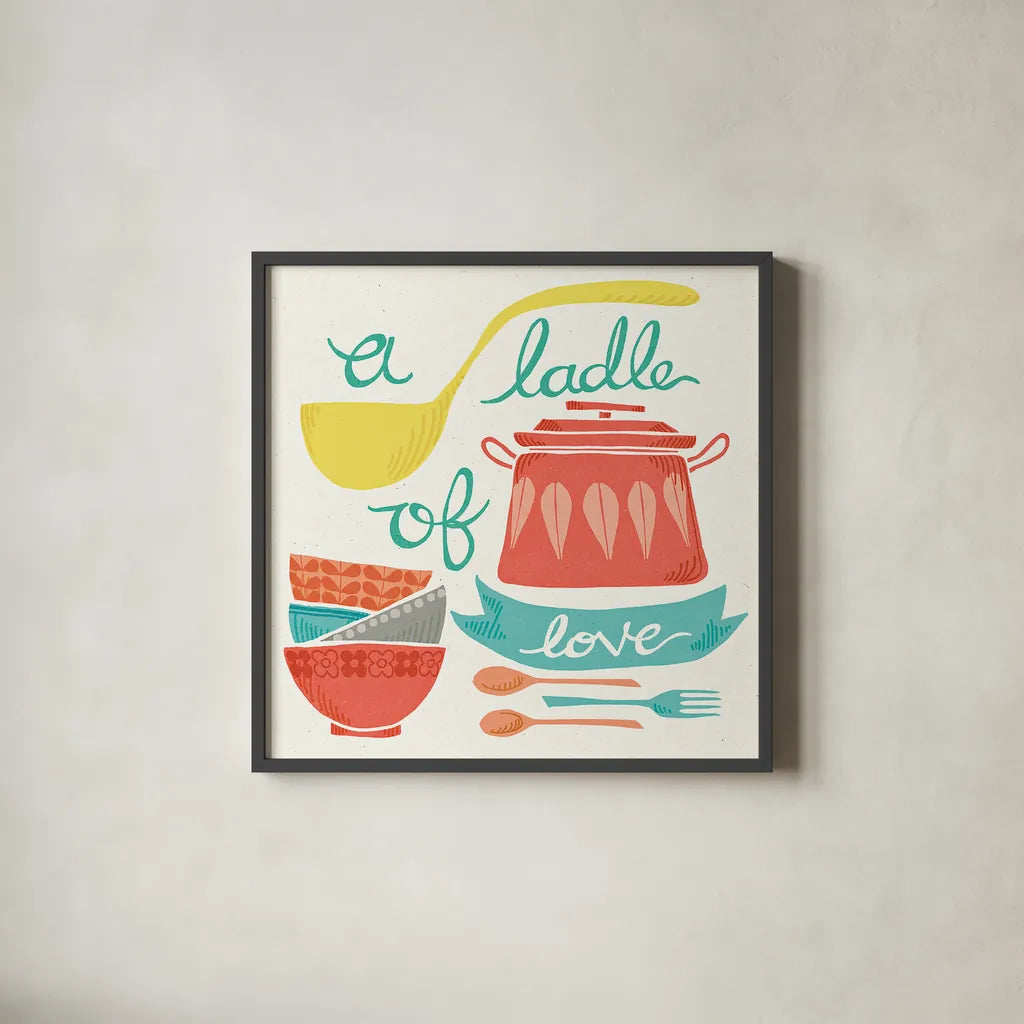 A Ladle of Love by Mary Urban. Shown in a sleek black glass frame for a contemporary gallery look. Available as an archival giclee rolled canvas, fine art paper, or poster print. SKU 25576a.