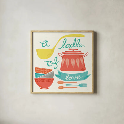 A Ladle of Love by Mary Urban. Shown in a natural wood glass frame for a timeless modern aesthetic. Available as an archival giclee rolled canvas, fine art paper, or poster print. SKU 25576a.