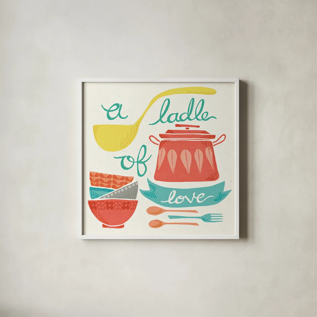 A Ladle of Love by Mary Urban. Shown in a crisp white glass frame for a clean and minimalist style. Available as an archival giclee rolled canvas, fine art paper, or poster print. SKU 25576a.
