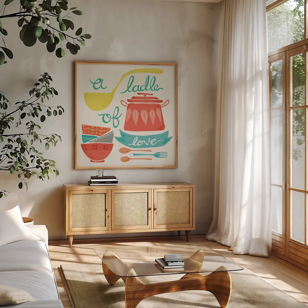 A Ladle of Love by Mary Urban. Shown in a natural wood frame in a cozy modern living room. Available as an archival giclee rolled canvas, fine art paper, or poster print. SKU 25576a.