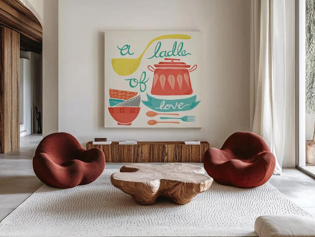 A Ladle of Love by Mary Urban. Shown as extra-large giant wall art in a modern living room. Available as an archival giclee rolled canvas, fine art paper, or poster print. SKU 25576a.