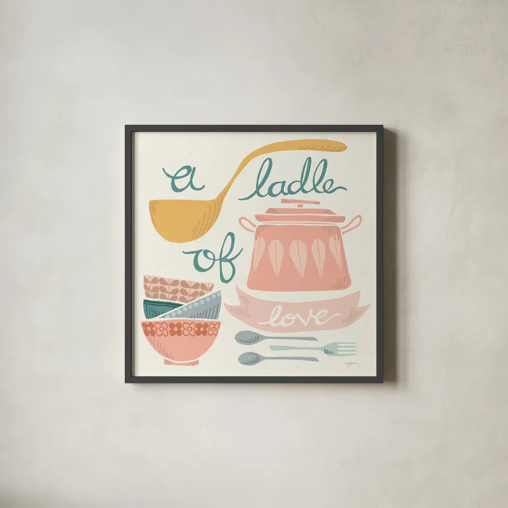 A Ladle of Love Pastel by Mary Urban. Shown in a sleek black glass frame for a contemporary gallery look. Available as an archival giclee rolled canvas, fine art paper, or poster print. SKU 56989a.
