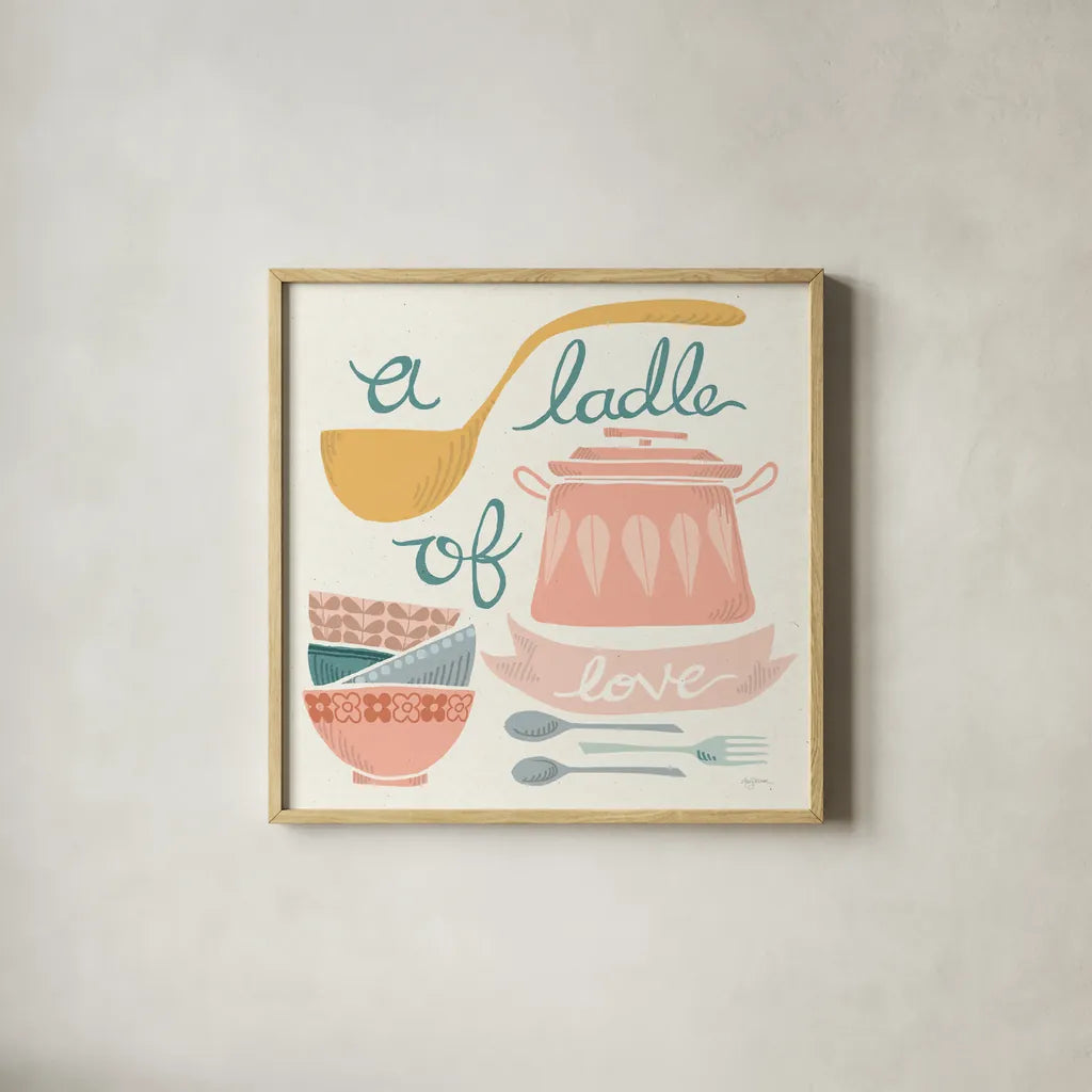 A Ladle of Love Pastel by Mary Urban. Shown in a natural wood glass frame for a timeless modern aesthetic. Available as an archival giclee rolled canvas, fine art paper, or poster print. SKU 56989a.