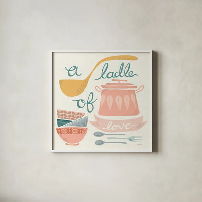 A Ladle of Love Pastel by Mary Urban. Shown in a crisp white glass frame for a clean and minimalist style. Available as an archival giclee rolled canvas, fine art paper, or poster print. SKU 56989a.