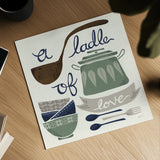 A Ladle of Love Winter by Mary Urban. Shown as a detailed flat fine art print, highlighting archival giclee quality. Available as an archival giclee rolled canvas, fine art paper, or poster print. SKU 62314a.