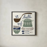 A Ladle of Love Winter by Mary Urban. Shown in a sleek black glass frame for a contemporary gallery look. Available as an archival giclee rolled canvas, fine art paper, or poster print. SKU 62314a.