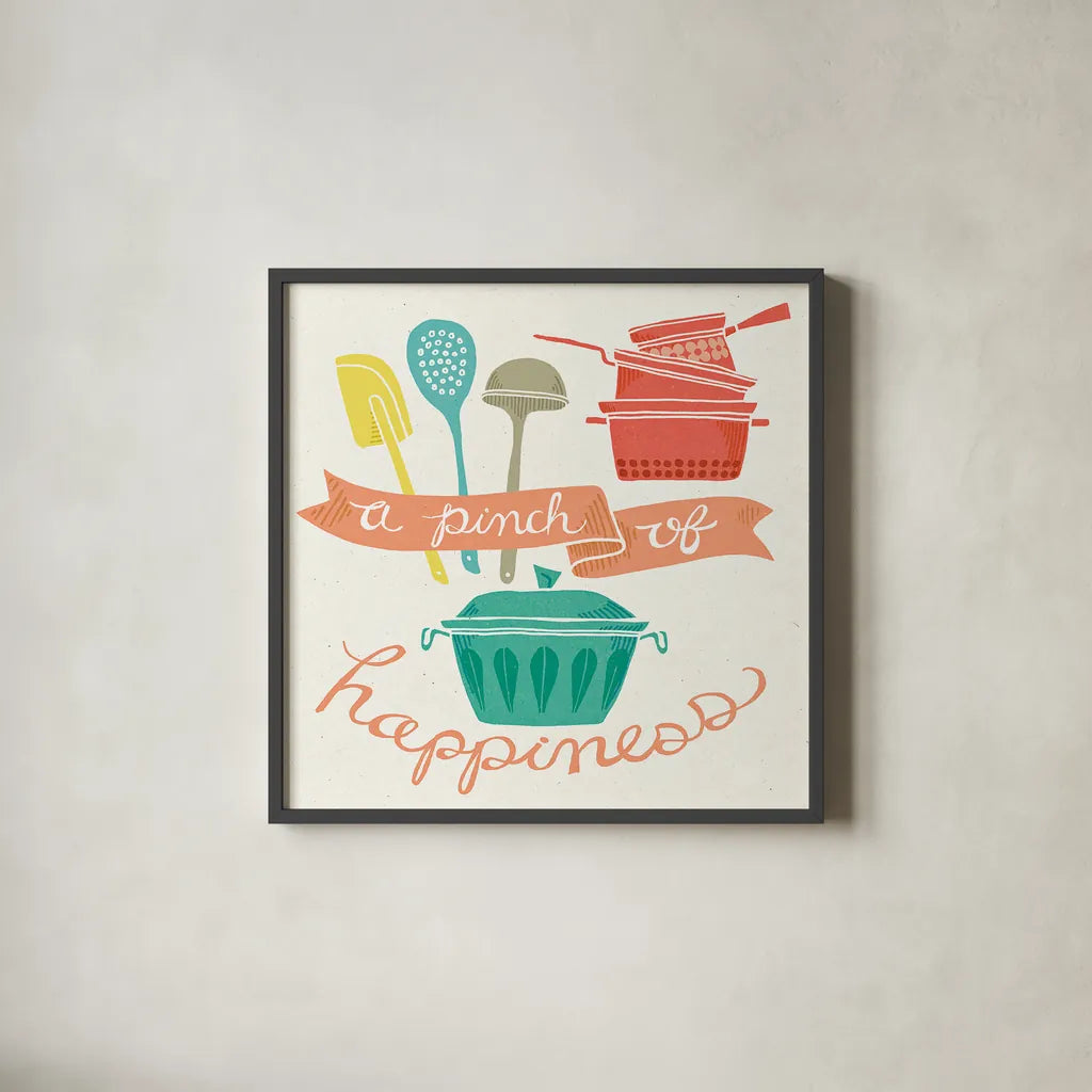 A Pinch of Happiness by Mary Urban. Shown in a sleek black glass frame for a contemporary gallery look. Available as an archival giclee rolled canvas, fine art paper, or poster print. SKU 25577a.
