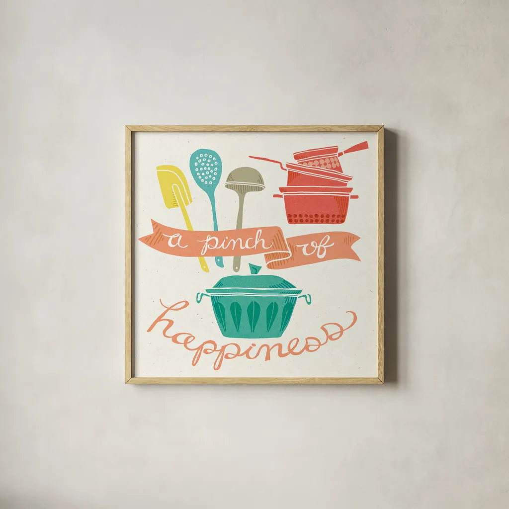 A Pinch of Happiness by Mary Urban. Shown in a natural wood glass frame for a timeless modern aesthetic. Available as an archival giclee rolled canvas, fine art paper, or poster print. SKU 25577a.