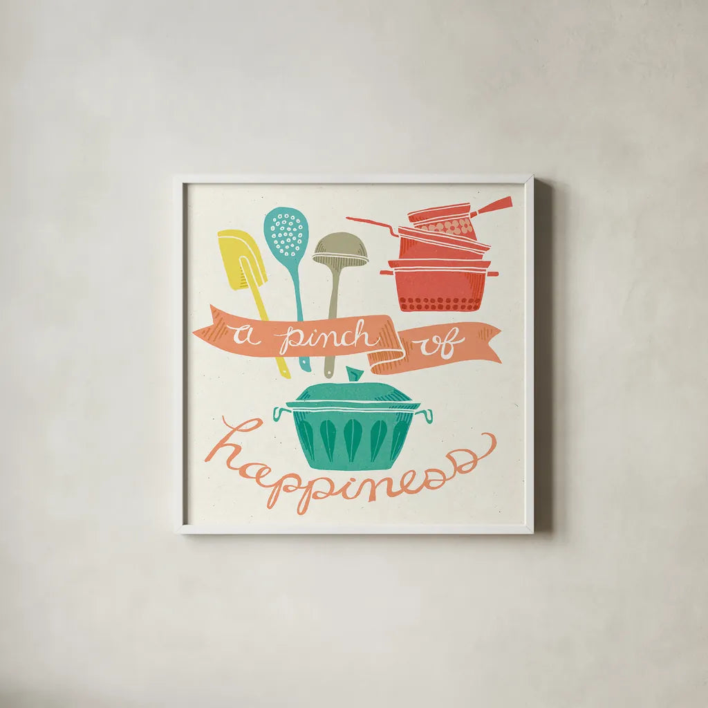 A Pinch of Happiness by Mary Urban. Shown in a crisp white glass frame for a clean and minimalist style. Available as an archival giclee rolled canvas, fine art paper, or poster print. SKU 25577a.