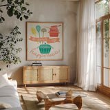 A Pinch of Happiness by Mary Urban. Shown in a natural wood frame in a cozy modern living room. Available as an archival giclee rolled canvas, fine art paper, or poster print. SKU 25577a.