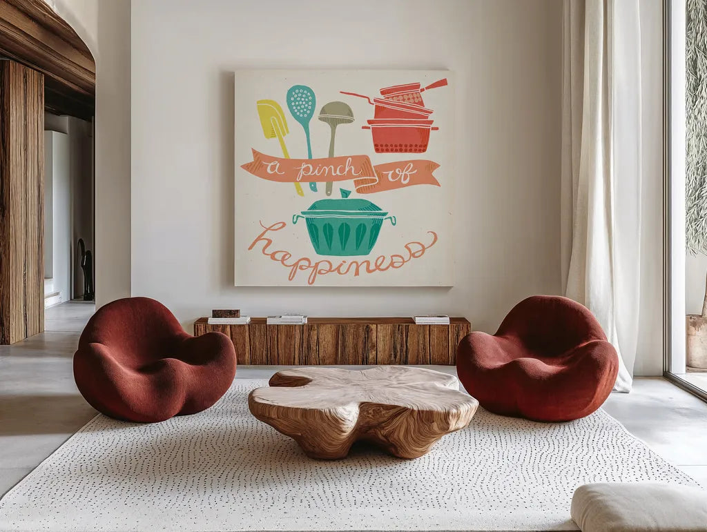 A Pinch of Happiness by Mary Urban. Shown as extra-large giant wall art in a modern living room. Available as an archival giclee rolled canvas, fine art paper, or poster print. SKU 25577a.