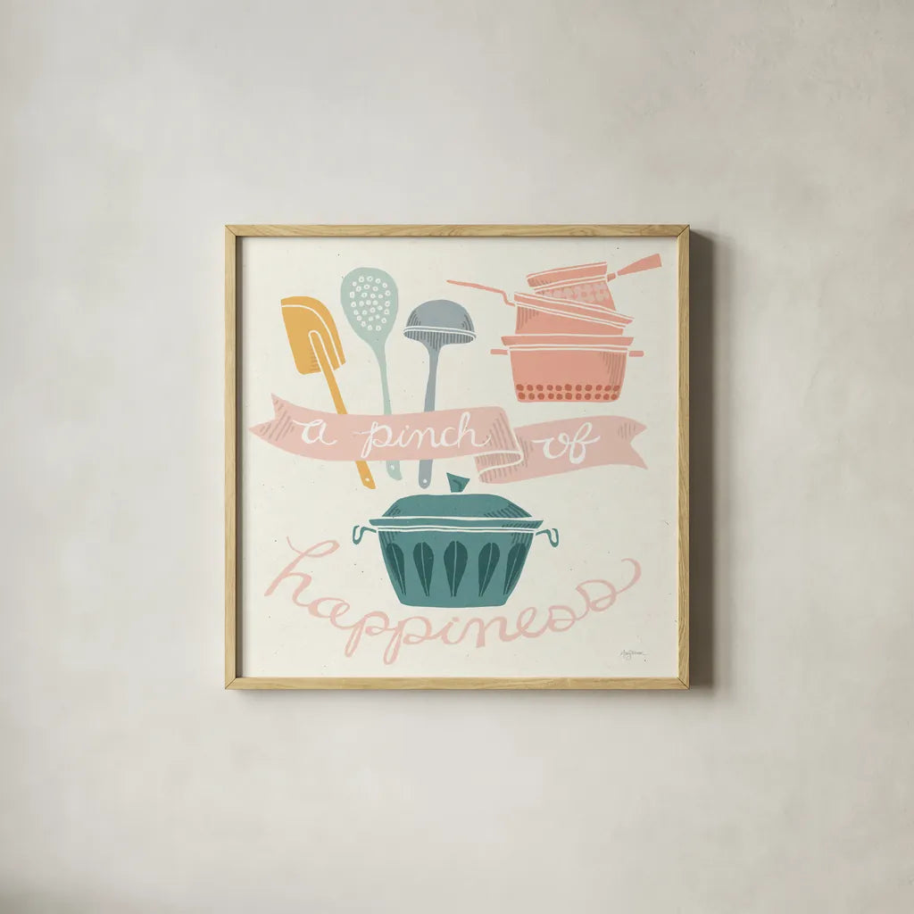 A Pinch of Happiness Pastel by Mary Urban. Shown in a natural wood glass frame for a timeless modern aesthetic. Available as an archival giclee rolled canvas, fine art paper, or poster print. SKU 56990a.