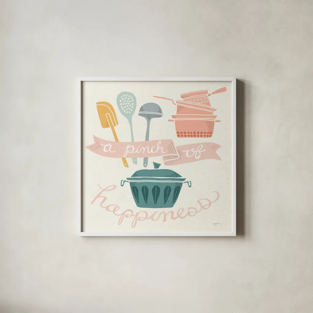A Pinch of Happiness Pastel by Mary Urban. Shown in a crisp white glass frame for a clean and minimalist style. Available as an archival giclee rolled canvas, fine art paper, or poster print. SKU 56990a.