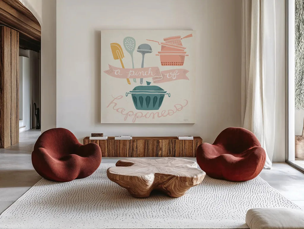 A Pinch of Happiness Pastel by Mary Urban. Shown as extra-large giant wall art in a modern living room. Available as an archival giclee rolled canvas, fine art paper, or poster print. SKU 56990a.