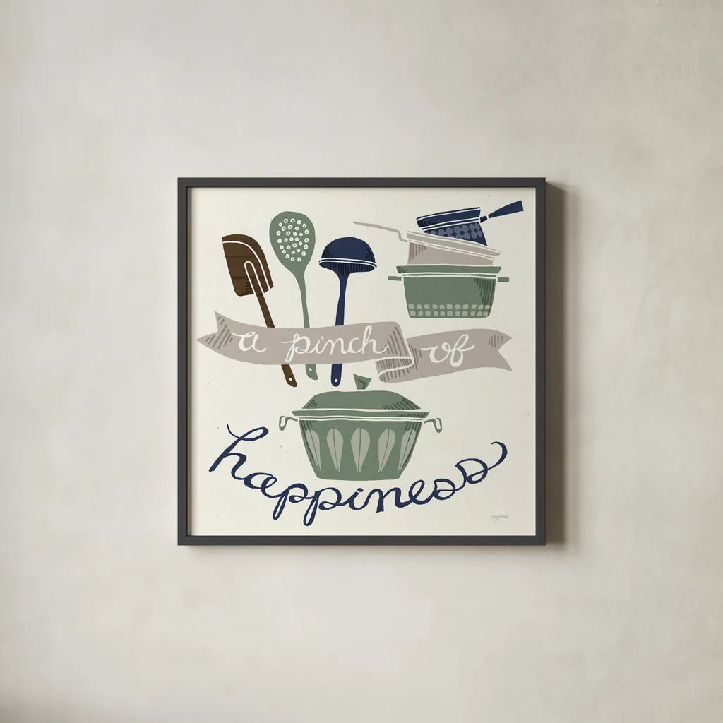 A Pinch of Happiness Winter by Mary Urban. Shown in a sleek black glass frame for a contemporary gallery look. Available as an archival giclee rolled canvas, fine art paper, or poster print. SKU 62315a.