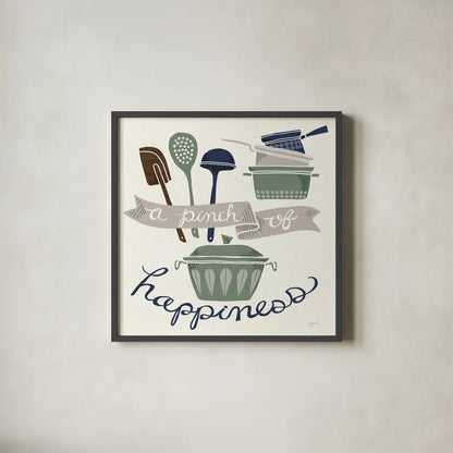 A Pinch of Happiness Winter by Mary Urban. Shown in a sleek black glass frame for a contemporary gallery look. Available as an archival giclee rolled canvas, fine art paper, or poster print. SKU 62315a.