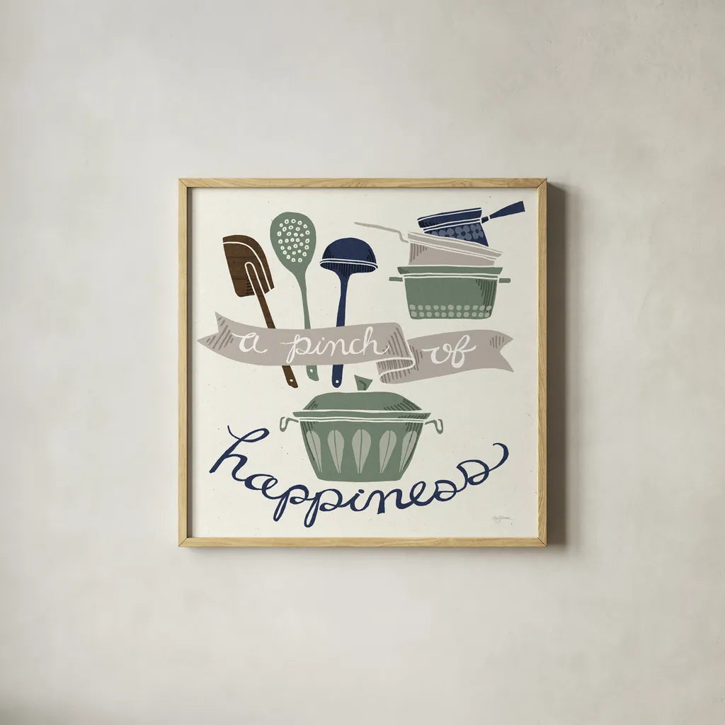 A Pinch of Happiness Winter by Mary Urban. Shown in a natural wood glass frame for a timeless modern aesthetic. Available as an archival giclee rolled canvas, fine art paper, or poster print. SKU 62315a.