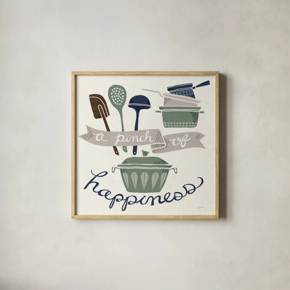 A Pinch of Happiness Winter by Mary Urban. Shown in a natural wood glass frame for a timeless modern aesthetic. Available as an archival giclee rolled canvas, fine art paper, or poster print. SKU 62315a.