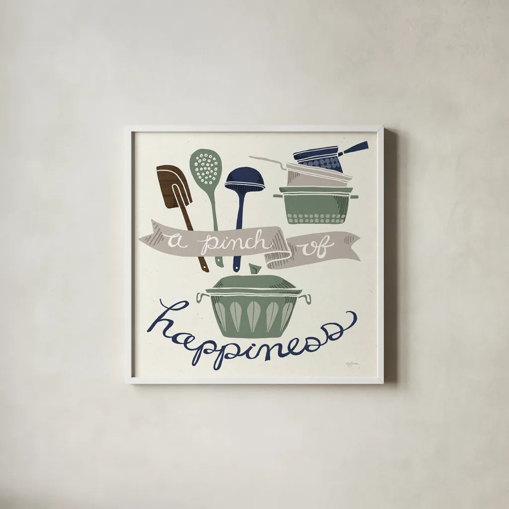 A Pinch of Happiness Winter by Mary Urban. Shown in a crisp white glass frame for a clean and minimalist style. Available as an archival giclee rolled canvas, fine art paper, or poster print. SKU 62315a.