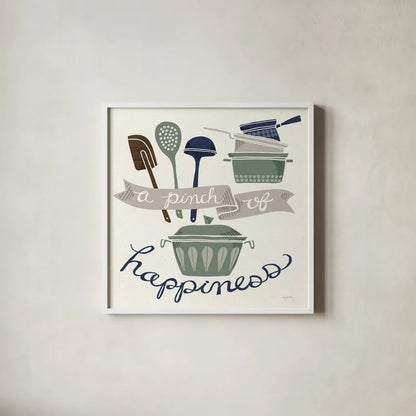 A Pinch of Happiness Winter by Mary Urban. Shown in a crisp white glass frame for a clean and minimalist style. Available as an archival giclee rolled canvas, fine art paper, or poster print. SKU 62315a.