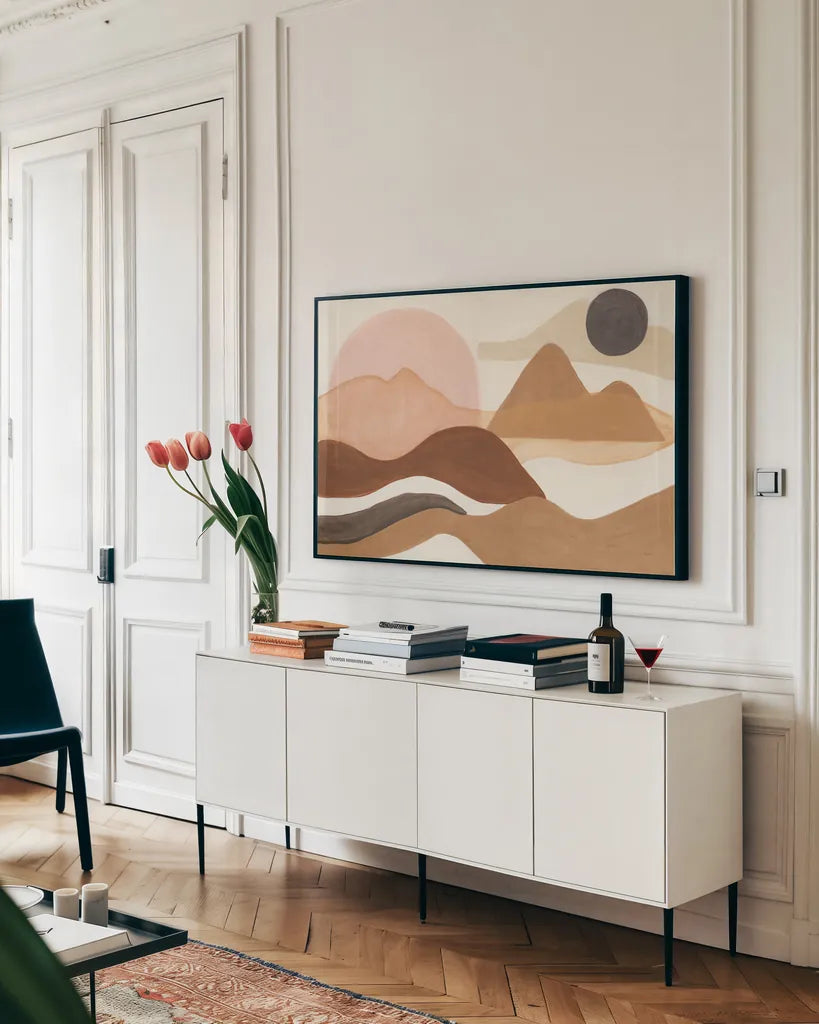 Adobe Boho by Mary Urban. shown as a framed stretched canvas in a living room above a console. Available as a archival giclee rolled canvas, fine art paper, or poster print. SKU 59882i.