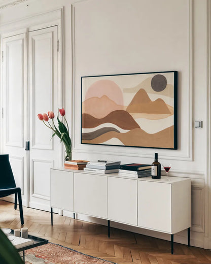 Adobe Boho by Mary Urban. shown as a framed stretched canvas in a living room above a console. Available as a archival giclee rolled canvas, fine art paper, or poster print. SKU 59882i.