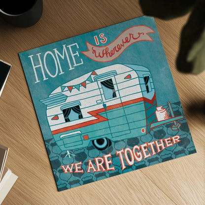 Adventure Love Camper by Mary Urban. Shown as a detailed flat fine art print, highlighting archival giclee quality. Available as an archival giclee rolled canvas, fine art paper, or poster print. SKU 20965a.