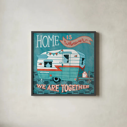 Adventure Love Camper by Mary Urban. Shown in a sleek black glass frame for a contemporary gallery look. Available as an archival giclee rolled canvas, fine art paper, or poster print. SKU 20965a.