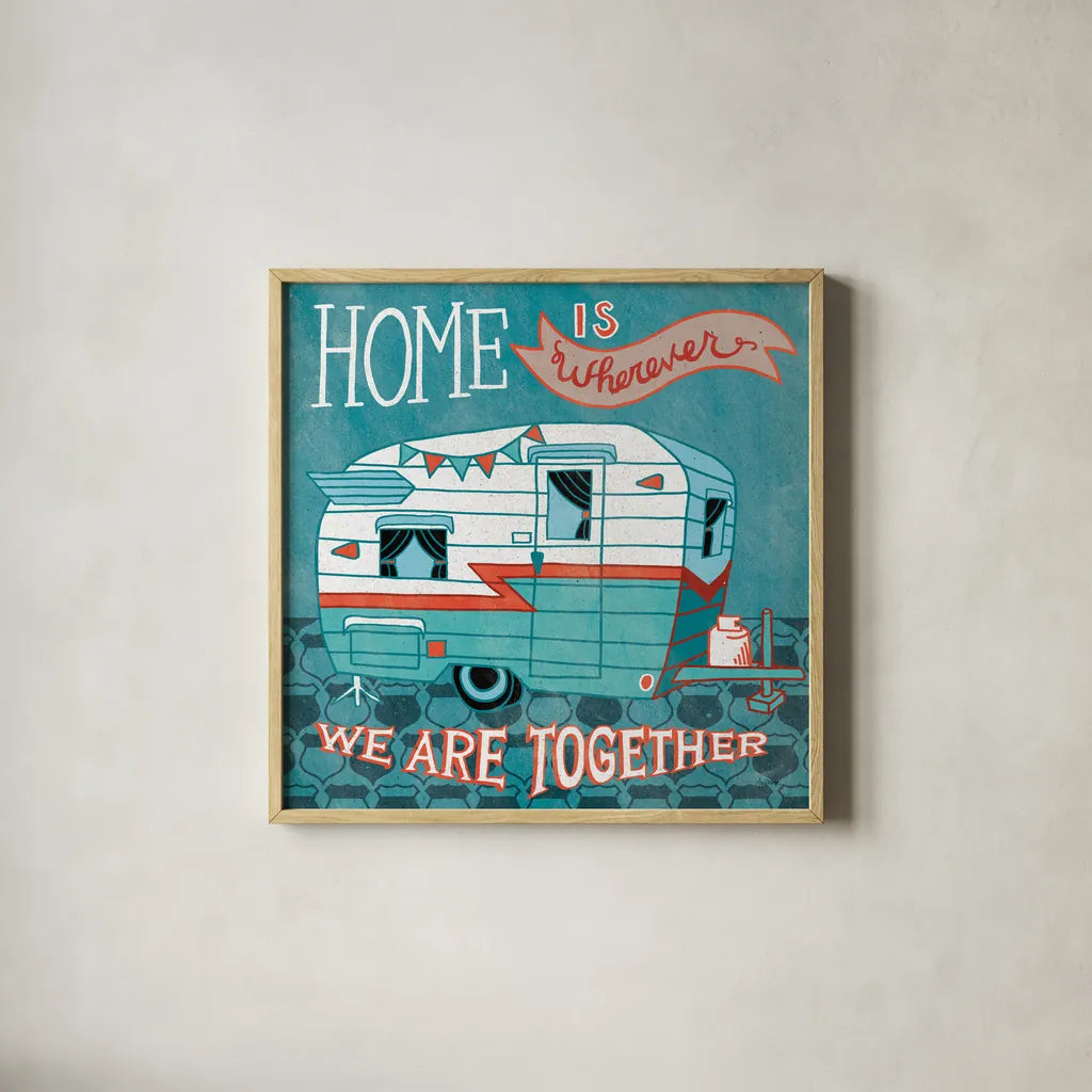 Adventure Love Camper by Mary Urban. Shown in a natural wood glass frame for a timeless modern aesthetic. Available as an archival giclee rolled canvas, fine art paper, or poster print. SKU 20965a.