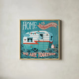 Adventure Love Camper by Mary Urban. Shown in a natural wood glass frame for a timeless modern aesthetic. Available as an archival giclee rolled canvas, fine art paper, or poster print. SKU 20965a.