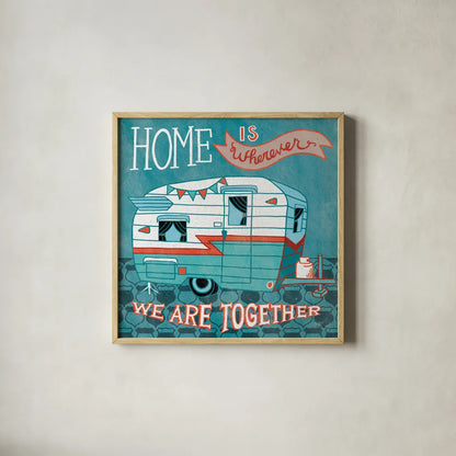 Adventure Love Camper by Mary Urban. Shown in a natural wood glass frame for a timeless modern aesthetic. Available as an archival giclee rolled canvas, fine art paper, or poster print. SKU 20965a.