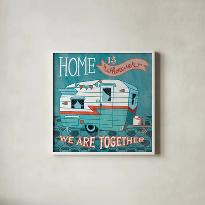 Adventure Love Camper by Mary Urban. Shown in a crisp white glass frame for a clean and minimalist style. Available as an archival giclee rolled canvas, fine art paper, or poster print. SKU 20965a.