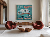 Adventure Love Camper by Mary Urban. Shown as extra-large giant wall art in a modern living room. Available as an archival giclee rolled canvas, fine art paper, or poster print. SKU 20965a.