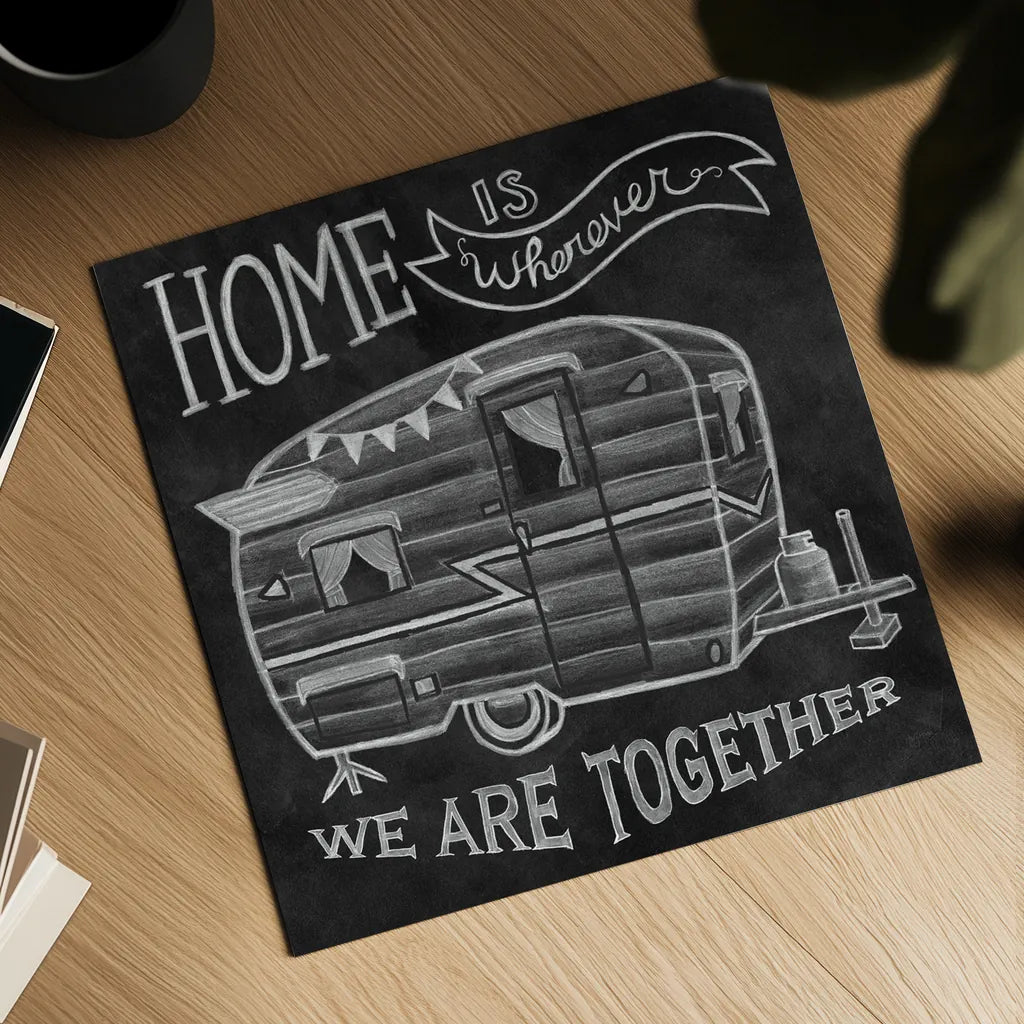 Adventure Love Camper Chalk by Mary Urban. Shown as a detailed flat fine art print, highlighting archival giclee quality. Available as an archival giclee rolled canvas, fine art paper, or poster print. SKU 30517a.