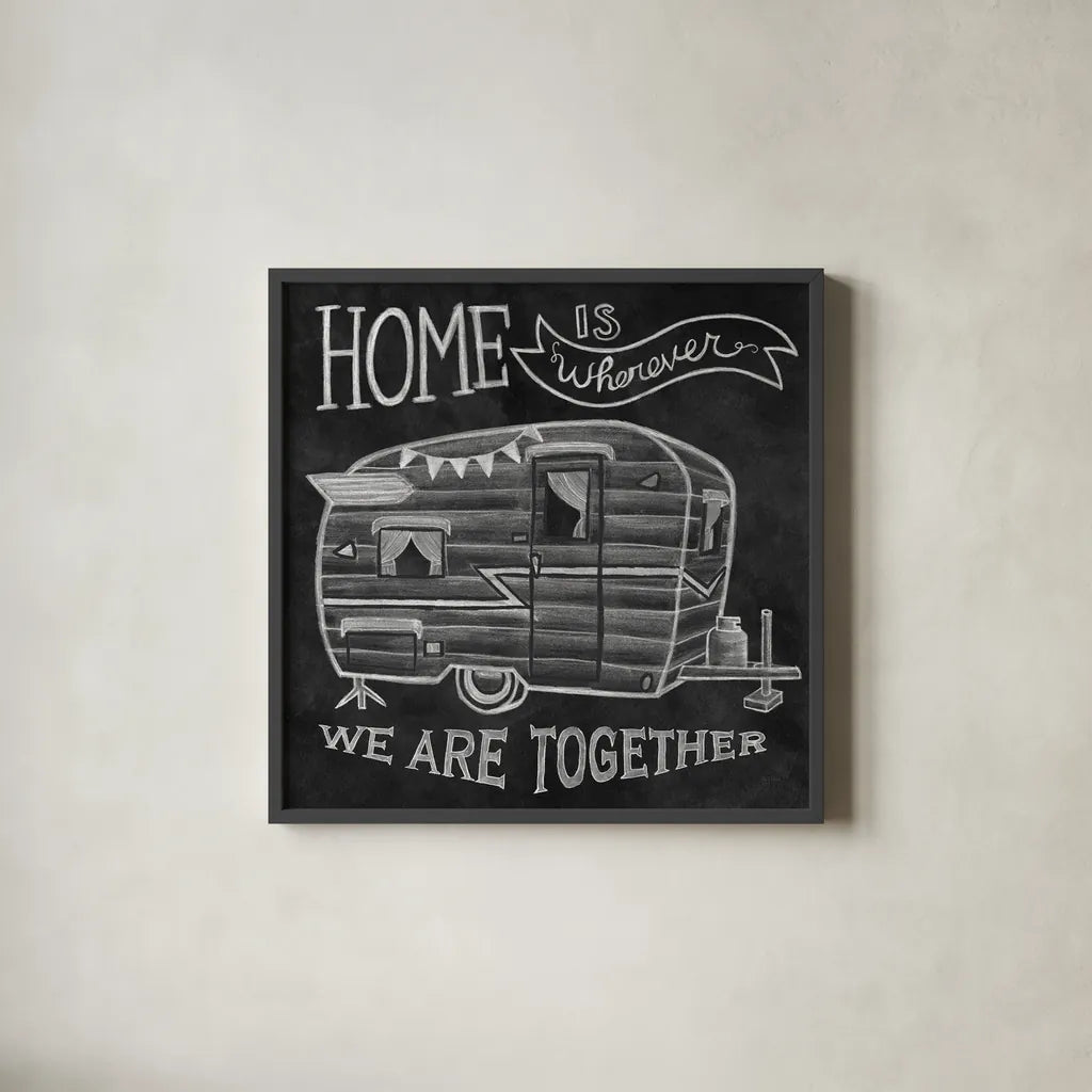 Adventure Love Camper Chalk by Mary Urban. Shown in a sleek black glass frame for a contemporary gallery look. Available as an archival giclee rolled canvas, fine art paper, or poster print. SKU 30517a.