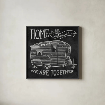 Adventure Love Camper Chalk by Mary Urban. Shown in a sleek black glass frame for a contemporary gallery look. Available as an archival giclee rolled canvas, fine art paper, or poster print. SKU 30517a.
