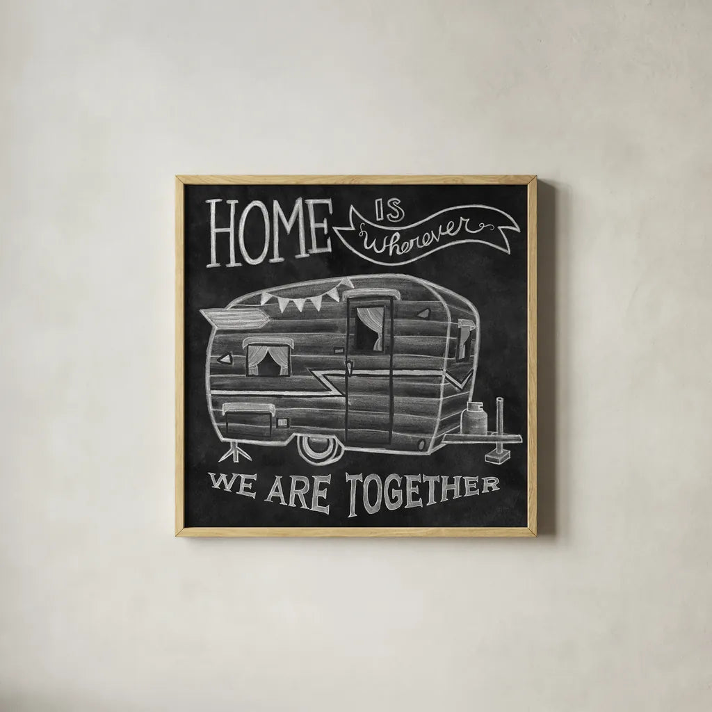 Adventure Love Camper Chalk by Mary Urban. Shown in a natural wood glass frame for a timeless modern aesthetic. Available as an archival giclee rolled canvas, fine art paper, or poster print. SKU 30517a.