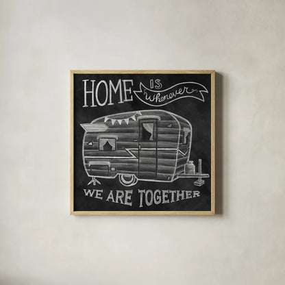 Adventure Love Camper Chalk by Mary Urban. Shown in a natural wood glass frame for a timeless modern aesthetic. Available as an archival giclee rolled canvas, fine art paper, or poster print. SKU 30517a.