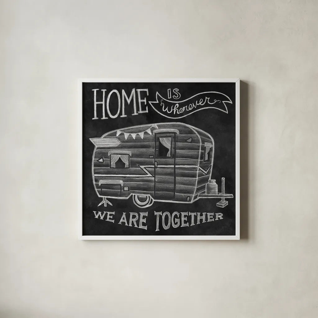Adventure Love Camper Chalk by Mary Urban. Shown in a crisp white glass frame for a clean and minimalist style. Available as an archival giclee rolled canvas, fine art paper, or poster print. SKU 30517a.