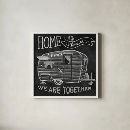 Adventure Love Camper Chalk by Mary Urban. Shown in a crisp white glass frame for a clean and minimalist style. Available as an archival giclee rolled canvas, fine art paper, or poster print. SKU 30517a.