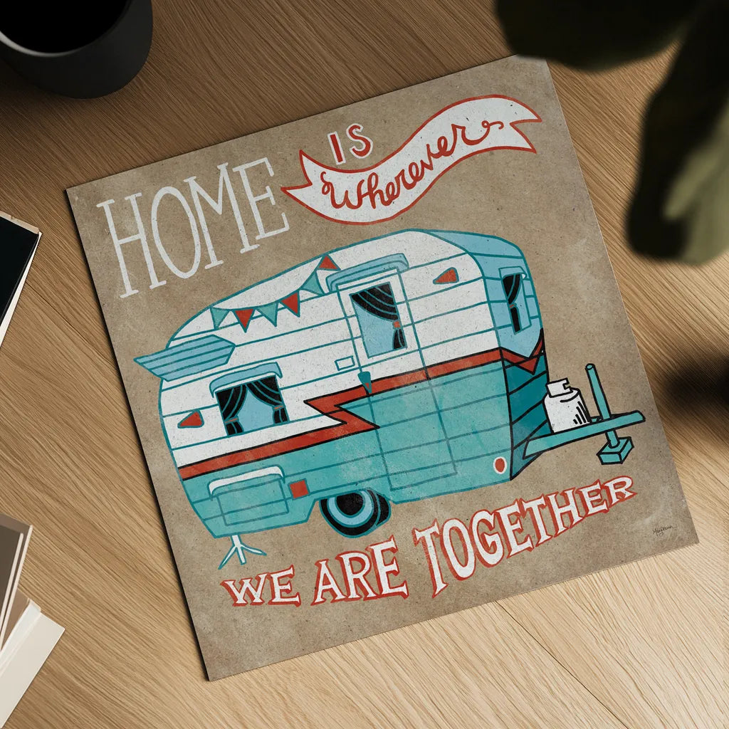 Adventure Love Camper Taupe by Mary Urban. Shown as a detailed flat fine art print, highlighting archival giclee quality. Available as an archival giclee rolled canvas, fine art paper, or poster print. SKU 20852a.