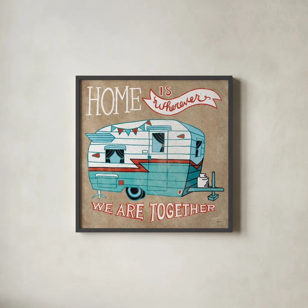 Adventure Love Camper Taupe by Mary Urban. Shown in a sleek black glass frame for a contemporary gallery look. Available as an archival giclee rolled canvas, fine art paper, or poster print. SKU 20852a.