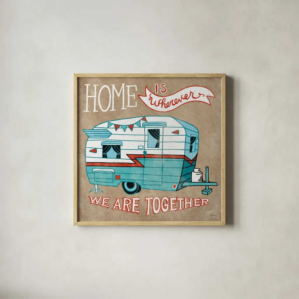 Adventure Love Camper Taupe by Mary Urban. Shown in a natural wood glass frame for a timeless modern aesthetic. Available as an archival giclee rolled canvas, fine art paper, or poster print. SKU 20852a.