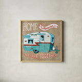 Adventure Love Camper Taupe by Mary Urban. Shown in a natural wood glass frame for a timeless modern aesthetic. Available as an archival giclee rolled canvas, fine art paper, or poster print. SKU 20852a.