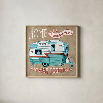 Adventure Love Camper Taupe by Mary Urban. Shown in a natural wood glass frame for a timeless modern aesthetic. Available as an archival giclee rolled canvas, fine art paper, or poster print. SKU 20852a.