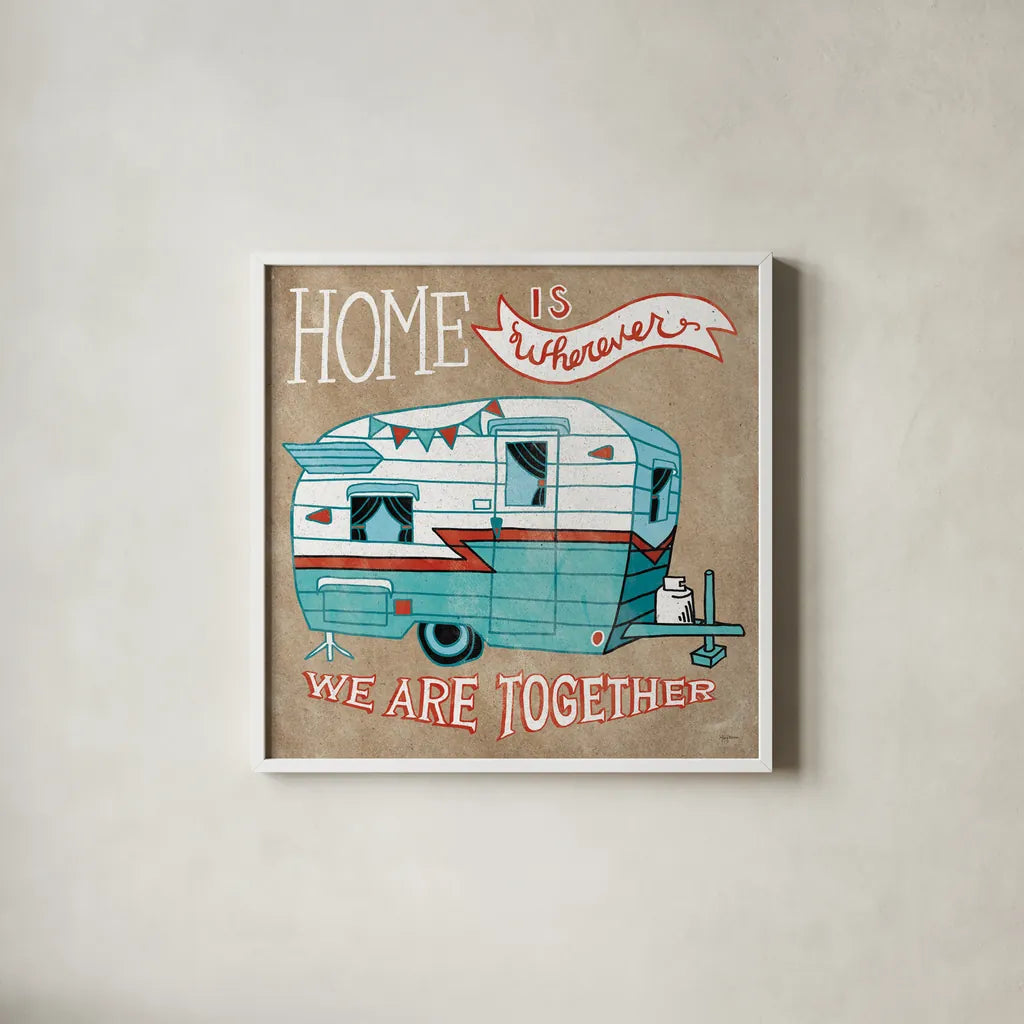 Adventure Love Camper Taupe by Mary Urban. Shown in a crisp white glass frame for a clean and minimalist style. Available as an archival giclee rolled canvas, fine art paper, or poster print. SKU 20852a.