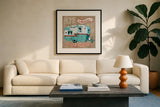 Adventure Love Camper Taupe by Mary Urban. Displayed in a glass frame with matte in a clean modern living room. Available as an archival giclee rolled canvas, fine art paper, or poster print. SKU 20852a.